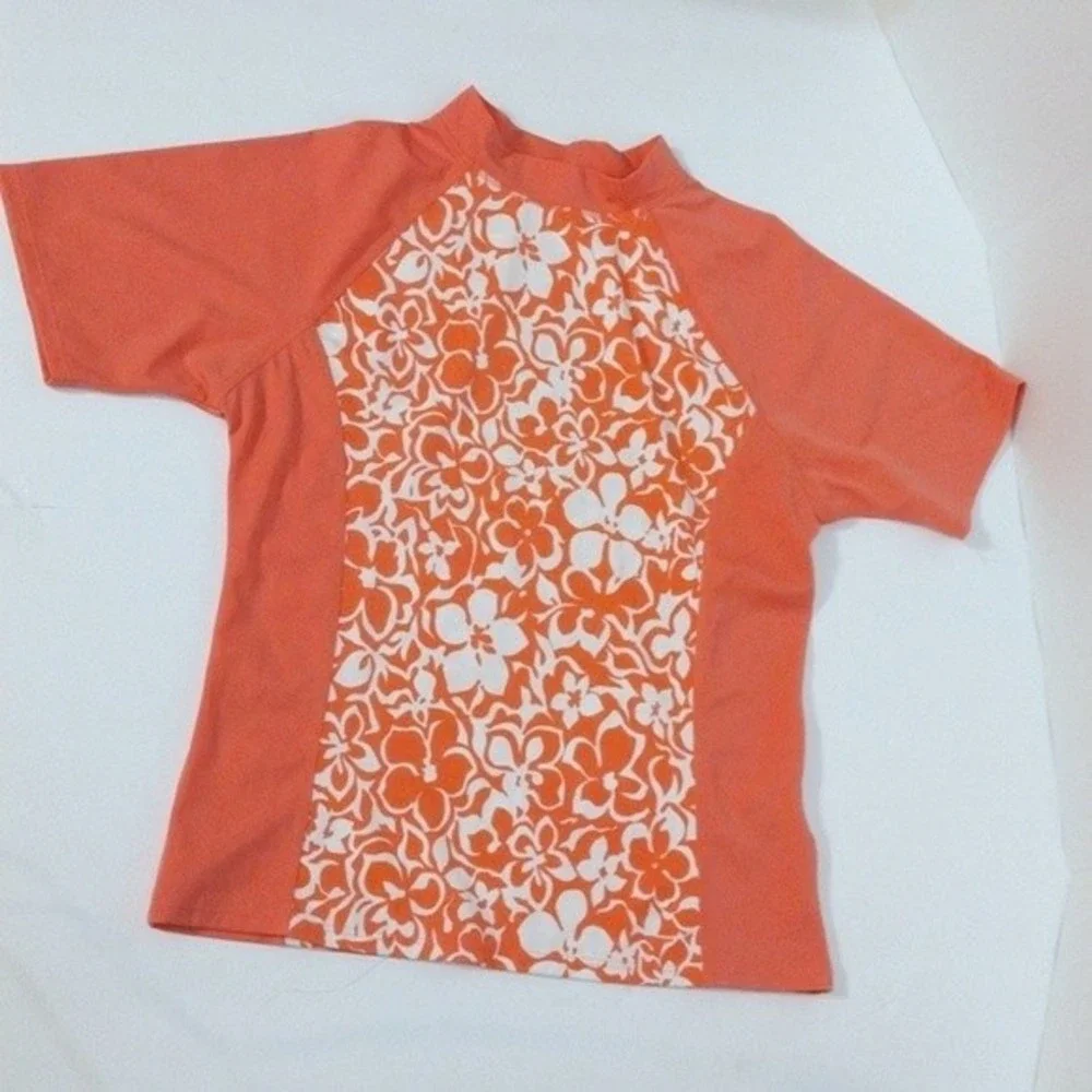 Lands' End Big Girls Floral Short Sleeve Fitted Rashguard Swim Top Size Large